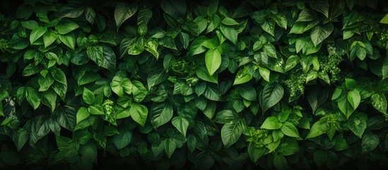 Fotobehang Detailed view of a green leafy wall, showcasing the intricacy of the leaves and their vibrant color. The leaves are closely packed together, creating a dense and textured wall of foliage. © pngking