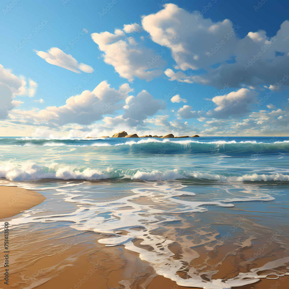 Wall mural A tranquil beach with waves gently lapping the shore - Wall murals