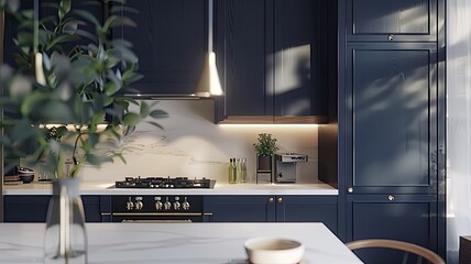 a modern kitchen featuring slate dull navy cabinets, complemented by neutral countertops and brass hardware, creating a harmonious blend of contemporary style and timeless elegance. - obrazy, fototapety, plakaty