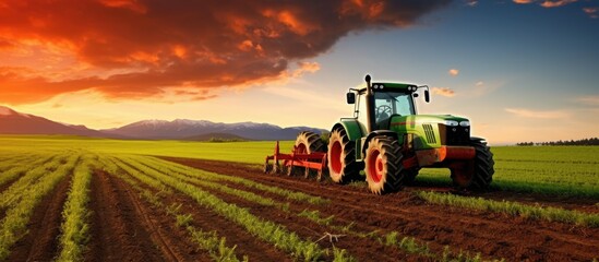 A red tractor is plowing a field at sunset, creating furrows in the fertile soil amidst a vibrant green landscape.