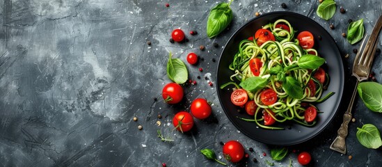 A plate filled with pasta topped with fresh spinach and cherry tomatoes. The vibrant colors of the vegetables contrast beautifully against the pasta, creating a visually appealing and appetizing dish.