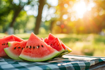 Slices of watermelon on a wooden board in the garden