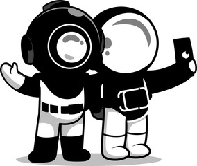 Cute Diver And Astronaut Selfie With Phone Cartoon Vector Icon Illustration Science Technology Flat