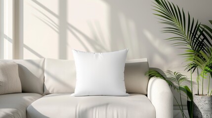 White square pillow mockup in a minimalist studio with a neutral color palette. Blank cushion case template for graphic design presentation. Pillow cover mock up for print, pattern. Generative ai