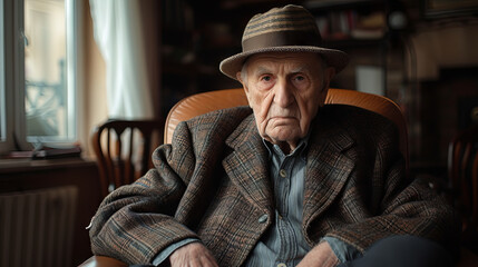 Fototapeta premium Loneless old man sits in aimchair at home 