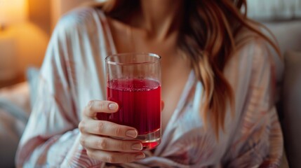 Young woman drinking Trendy sleepy girl cherry mocktail. Popular Magnesium cherry drink for relax, deep sleeping. Bedtime routine for better sleep concept. Generative ai