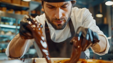 Man chocolatier in apron and black food gloves making artisan homemade bonbon chocolate. Baker or...