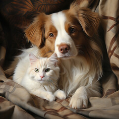 Together in tranquility A cat and dog juxtaposed against beige a canvas of companionship and calm