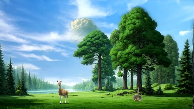 Natural scenery in a green forest with deer and rabbits Seamless looping 4k time-lapse animation video background