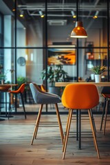 Stylish modern interior design of a spacious office with vibrant chairs