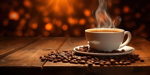 Fotobehang Classic steaming coffee cup surrounded by coffee beans on a rustic wooden table with warm lighting © Coosh448