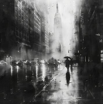 Fototapeta Brushwork poster art: Rainy Day in the City. Bold strokes capture urban reflections, a symphony of wet pavements, umbrellas, and city lights. Embracing the beauty in the storm.