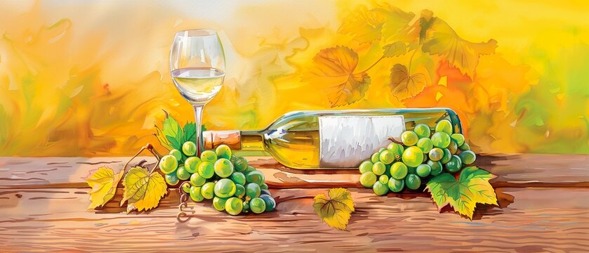A bottle of white wine on a wooden table with a glass of white wine and a ripe bunch of green grapes and some wine leaves, artistic watercolor illustration for background, poster, cards, marketing