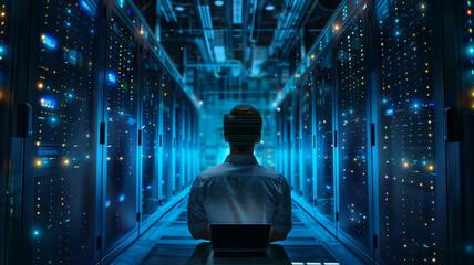 Back view of a Computer technician working with laptop in a server room.