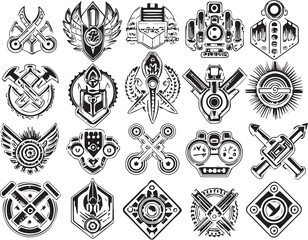 Set Greyscale cyberpunk video game symbol. Hand drawn vector illustration