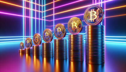 Vibrant neon-lit cryptocurrency coins ascending over reflective surface. Digital currency investment concept. Generative AI