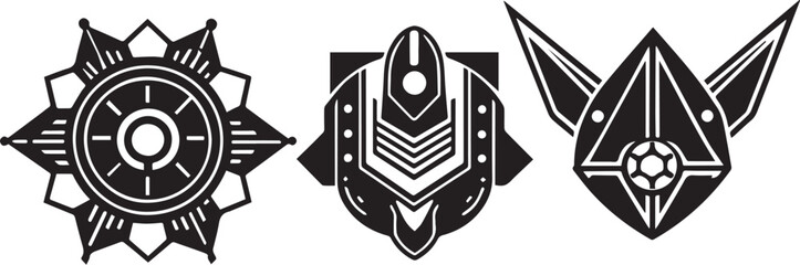 Set Greyscale cyberpunk video game symbol. Hand drawn vector illustration