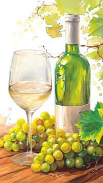 A bottle of white wine on a wooden table with a glass of white wine and a ripe bunch of green grapes and some wine leaves, artistic watercolor illustration for background, poster, cards, marketing