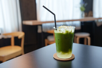 Iced matcha green tea yuzu lemon soda. Summer drink, Enjoy beverage, Freshness and relaxation.