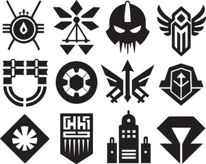 Set Greyscale cyberpunk video game symbol. Hand drawn vector illustration