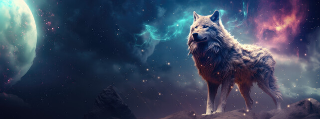 Wolf on cosmic background with space, stars, nebulae, vibrant colors, flames; digital art in fantasy style, featuring astronomy elements, celestial themes, interstellar ambiance - obrazy, fototapety, plakaty