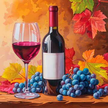 A red wine bottle, a glass of red wine and blue grapes, colorful, artistic autumn watercolor illustration with empty label for advertising, marketing, cards, cover, poster