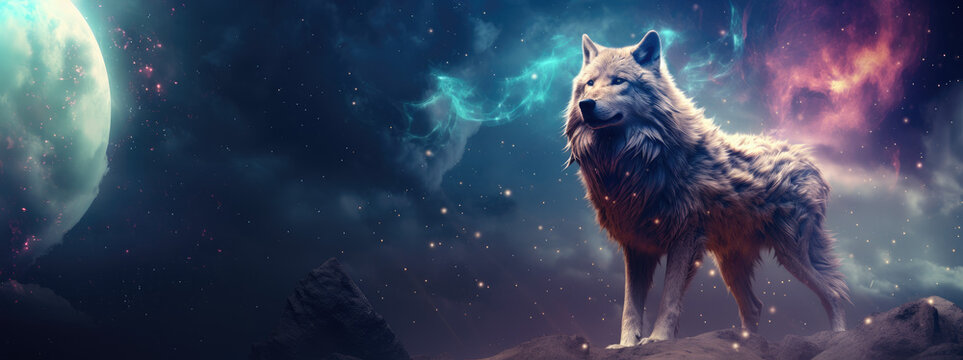 Wolf on cosmic background with space, stars, nebulae, vibrant colors, flames; digital art in fantasy style, featuring astronomy elements, celestial themes, interstellar ambiance