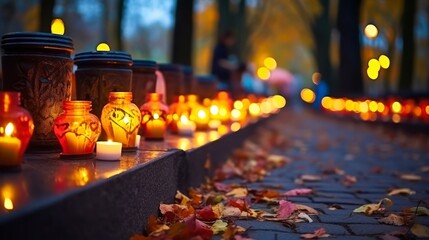 Honoring the Departed with Colorful Candles on All Saints Day - obrazy, fototapety, plakaty