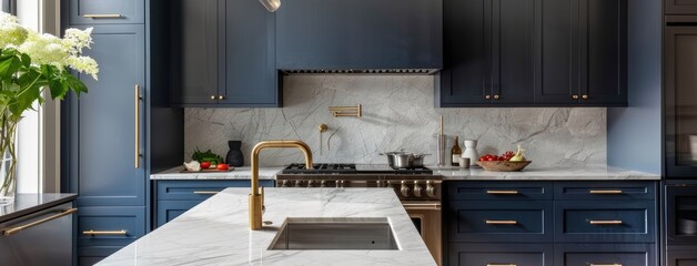 a modern kitchen featuring slate dull navy cabinets, complemented by neutral countertops and brass hardware, creating a harmonious blend of contemporary style and timeless elegance.