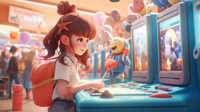 Animated girl with a backpack plays an arcade claw game amidst a colorful, lively arcade environment filled with excitement.
