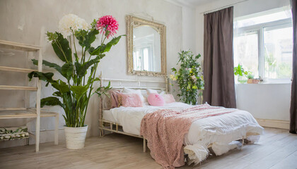 bedroom interior with bed and big indoor flower