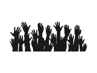 people raising hand silhouettes. Cheering crowd at a concert. People raising hand at the concert. Large group of people with raising hands isolated. vector flat style. isolated on white background.