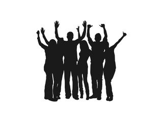 Fototapeta na wymiar people raising hand silhouettes. Crowd of fun people. A young group of people raised their hands up. People raising hand at the concert design template in flat style. isolated on white background.