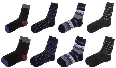 Assorted mens crew socks collection on white background