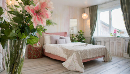 bedroom interior with bed and big indoor flower