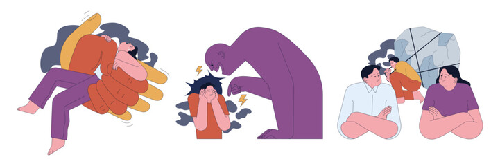 Human fears set. Scared characters confronting personal inadequacies