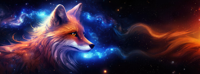 Red fox against cosmic background with space, stars, nebulae, vibrant colors, flames; digital art in fantasy style, featuring astronomy elements, celestial themes, interstellar ambiance - obrazy, fototapety, plakaty