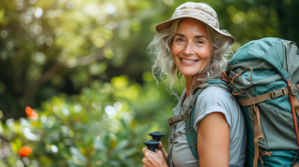 An elderly woman enjoying an active lifestyle, walking in nature with a smile, sporting a backpack...