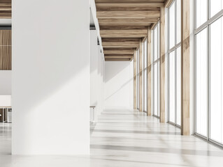 Modern office interior with large windows, wooden ceiling, and an empty space. Ai generative illustration