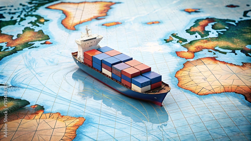 Wall mural cargo ship on the map of the world. logistics and transportation concept.