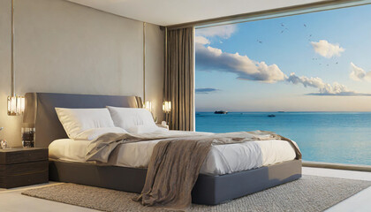 Fototapeta na wymiar Minimalist bedroom background take view sea -3D render