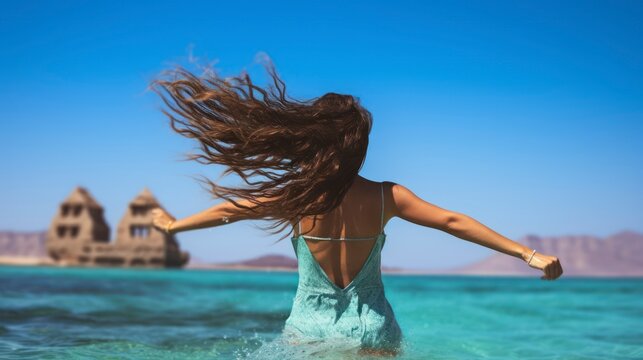 A Brunette's Joyful Emergence from the Turquoise Depths of the Sea