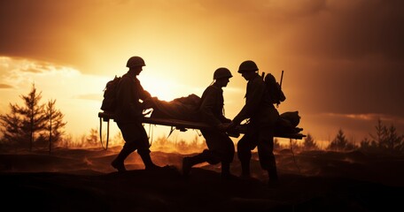 Silhouettes of Army Soldiers and Medics Carrying a Wounded Comrade to Safety