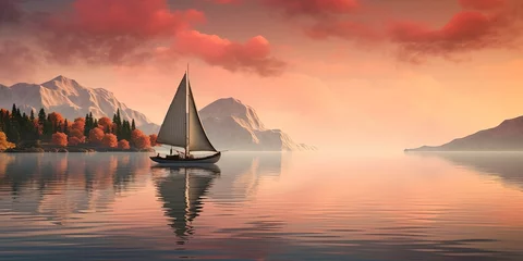 Fotobehang A traditional sailboat gently rests on the glass-like surface of a calm lake during a muted sunset © Coosh448