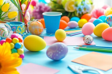 A Colorful Craft Table Overflowing with Creativity, Set Up for Families to Make Personalized Easter Cards Together