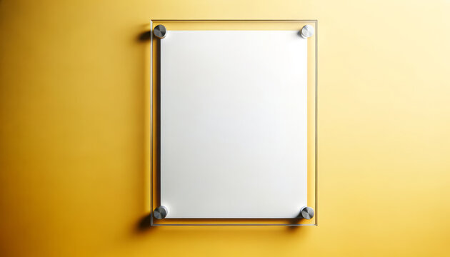 A blank glass poster on a yellow wall with copy space for mock up or advertising concepts. Ai generative illustration - Powered by Adobe
