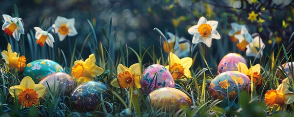 A Vibrant Display of Spring's Bounty: Daffodils in Full Bloom Enveloping Colorfully Painted Easter Eggs Nestled in the Grass