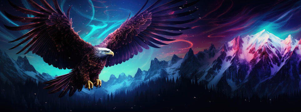 Eagle soars with outstretched wings against dynamic cosmic backdrop, feathers echoing the colors of nebulae, stars, and the ethereal beauty of space.