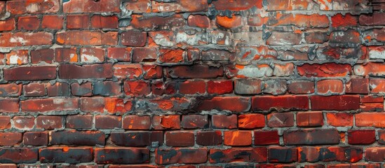 A close-up view of an old red brick wall with peeling paint. The weathered bricks show signs of decay and neglect, creating a sense of urban decay.