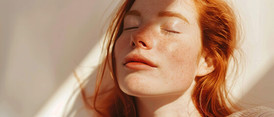 Naklejka premium light and warm beauty portrait of sensual ginger woman close-up, with empty copy space 